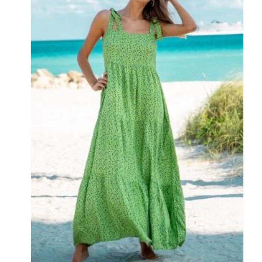 Tuckernuck Bindu Green Matilda Tie Shoulder Maxi Dress Blue Polka Dots Smalll